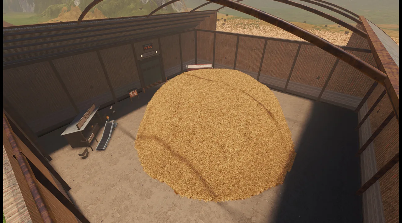 Find The Needle warehouse with a large haystack and a conveyor beside the sell stand